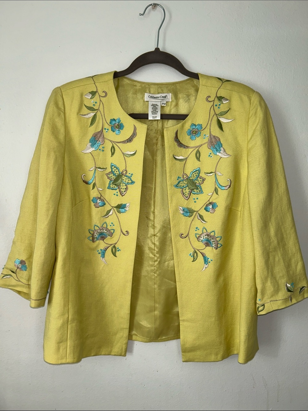 Coldwater Creek Yellow Embroidered Open-Front Jacket